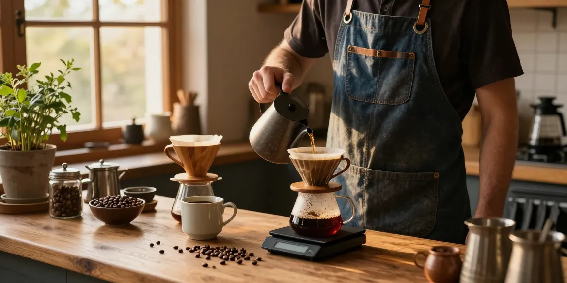 Pour-over coffee preparation using Ebb reusable filters at www.ebbfilter.com in a cozy kitchen setting.