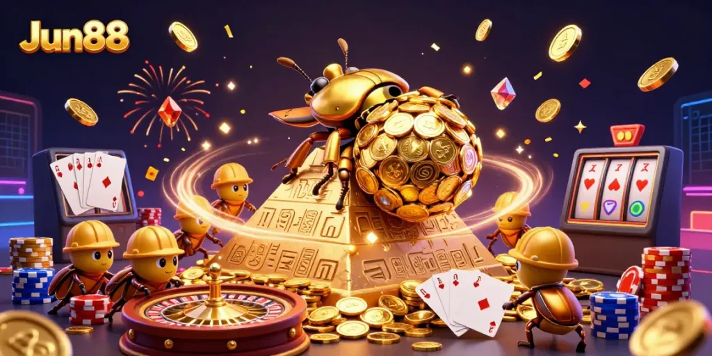 Experience the thrill of Jun88 with golden coins, colorful poker chips, and exciting casino elements.