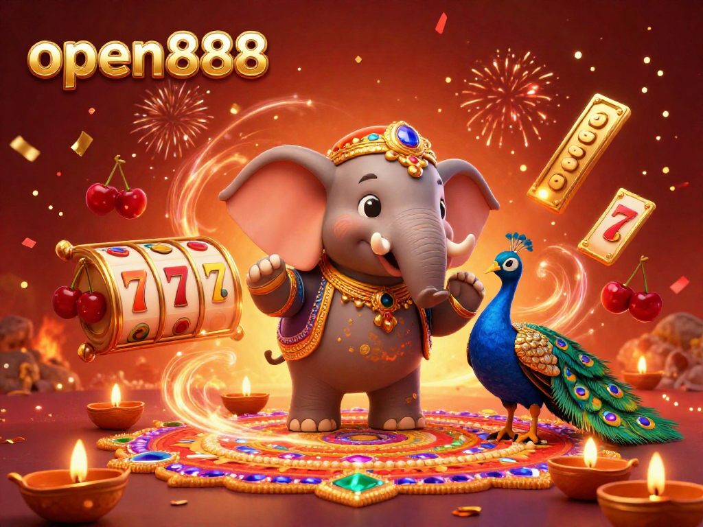 Experience the vibrant energy of open888 with a colorful Diwali-themed casino illustration featuring festive elements.