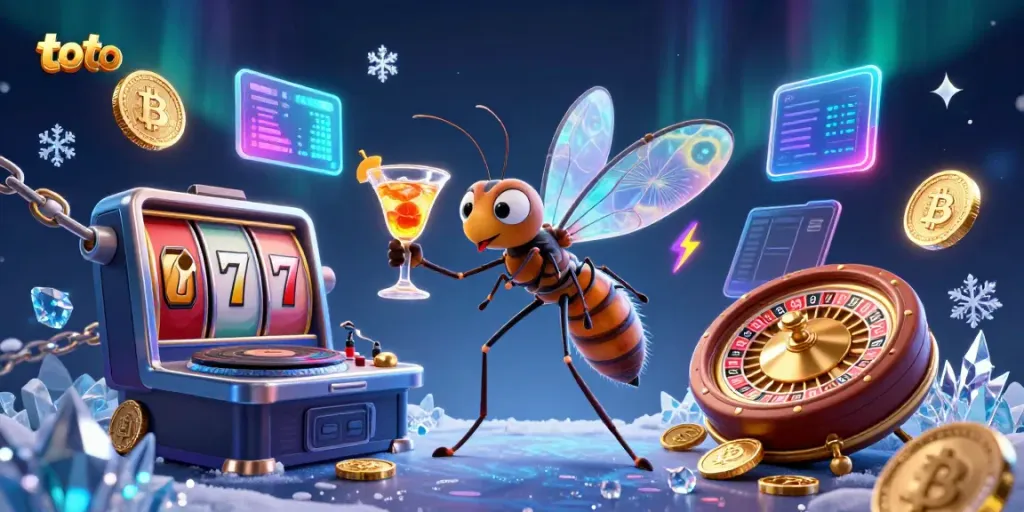 Engage with toto through a lively casino scene featuring creative characters and vibrant gaming elements.
