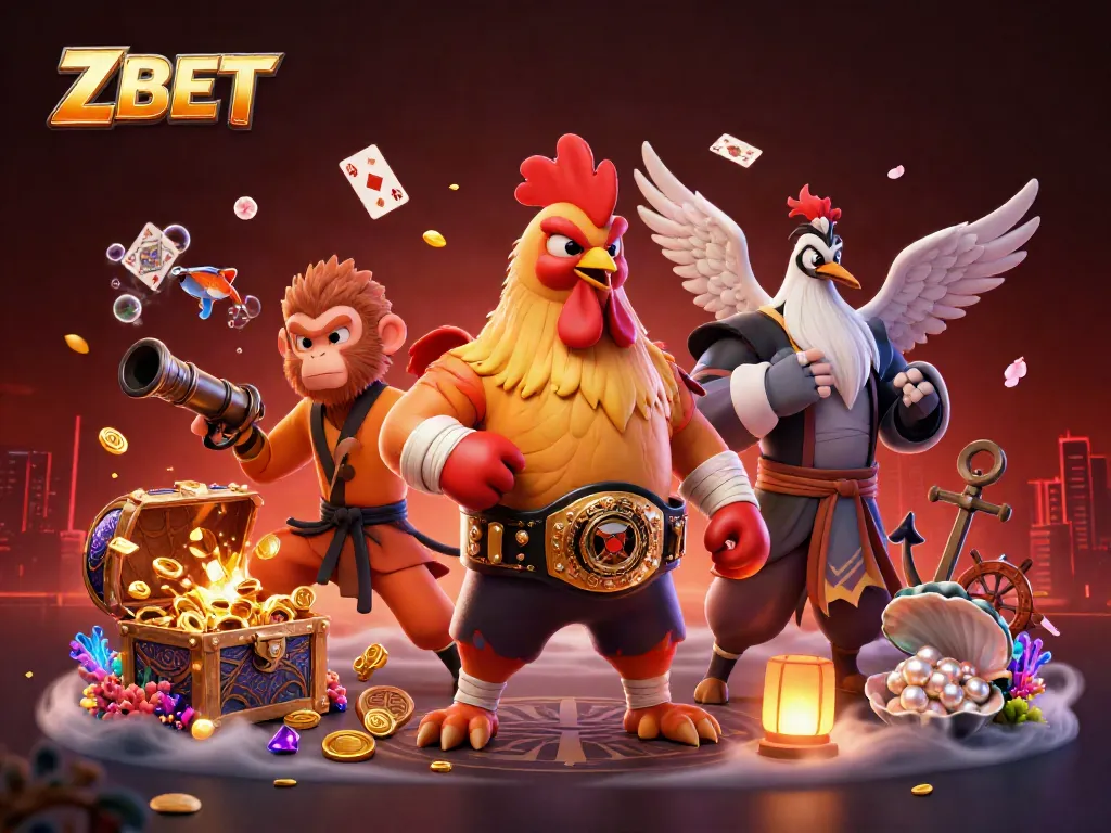 Engage with ZBET's colorful casino adventure featuring a fierce rooster and mystical characters.