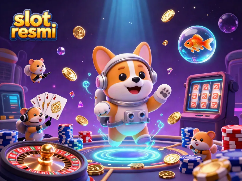 Engaging scene of a space casino showing the fun of slot resmi with a floating corgi and vibrant gaming elements.