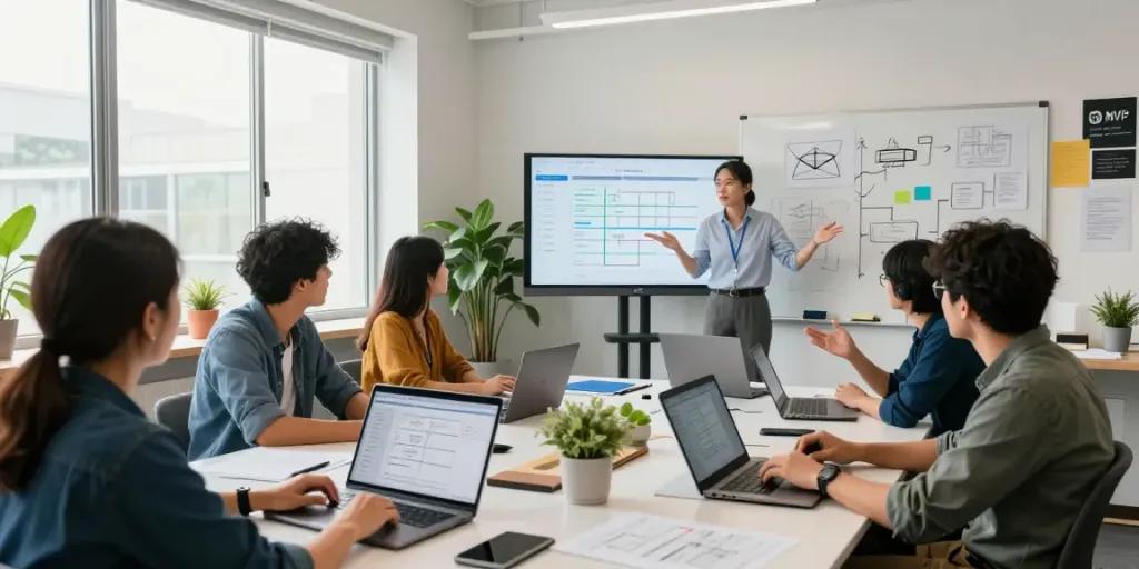 Collaborative team in a modern workspace discussing mvp development service and project timelines.