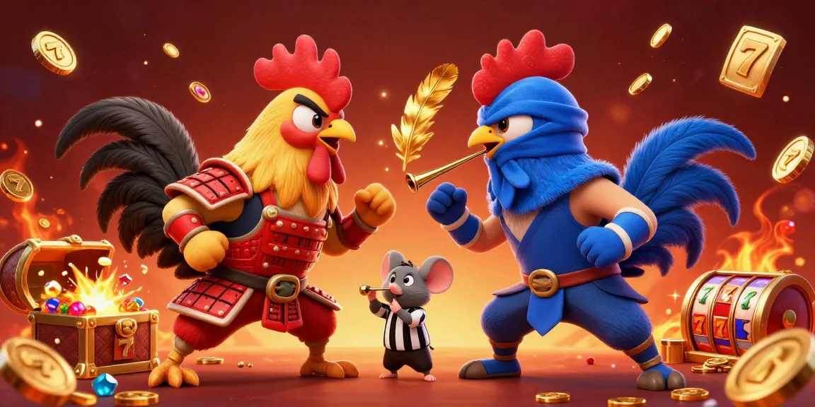 Engage with เว็บสล็อต in an exciting cartoon scene featuring samurai and ninja roosters amidst dynamic gambling elements.