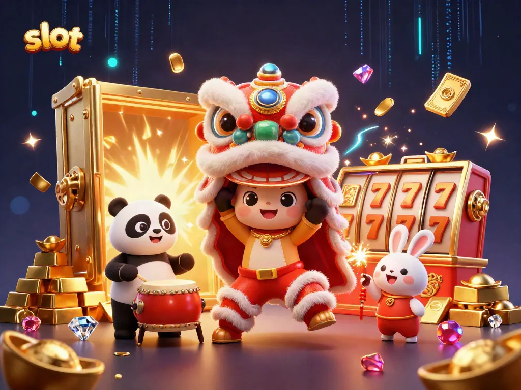 Win big with vibrant slot-themed illustration featuring lucky charms and casino riches.