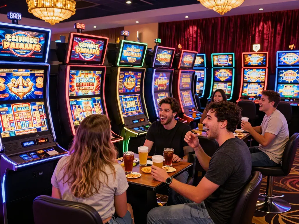 Exciting group playing สล็อต machines in a lively casino setting with bright colors and festive atmosphere.
