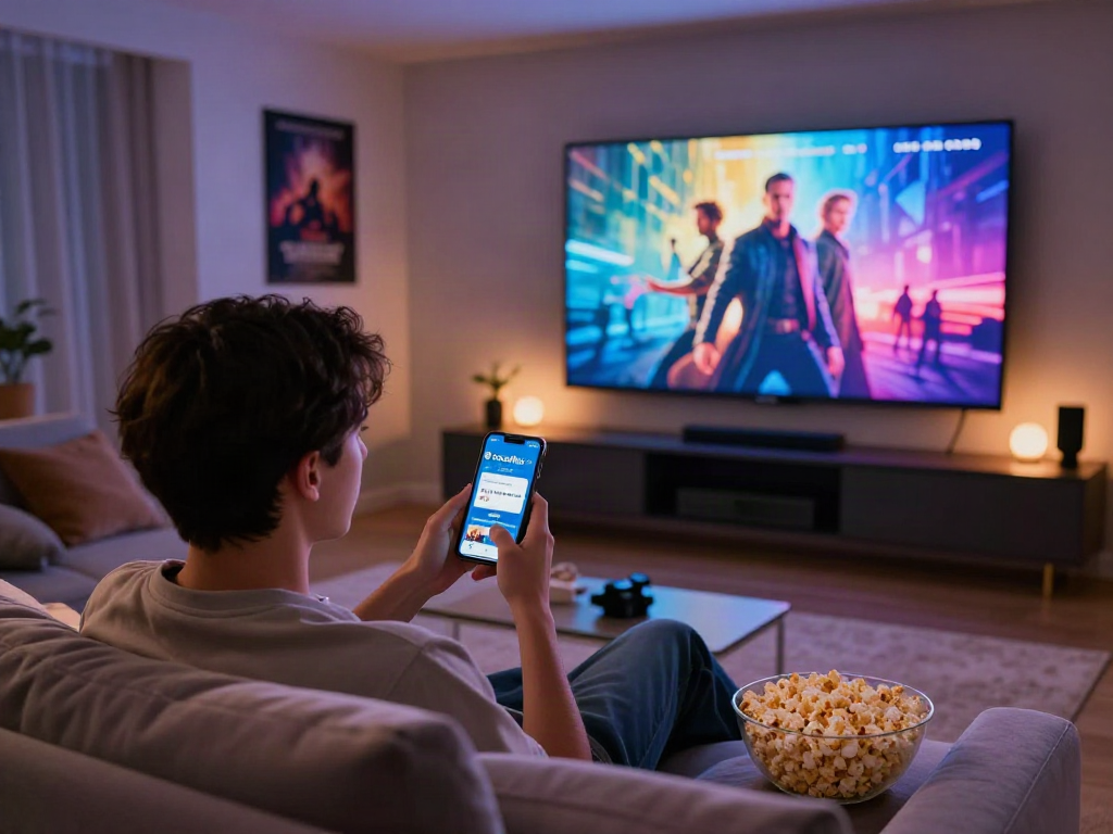 Engaging with the cocoflix apk app on a smartphone in a cozy home theater.