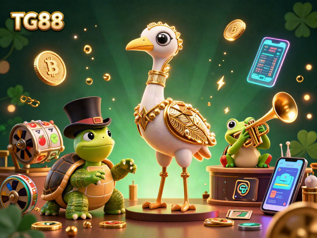 Engage in vibrant casino excitement with TG88, featuring lively characters amidst slot reels and crypto elements.