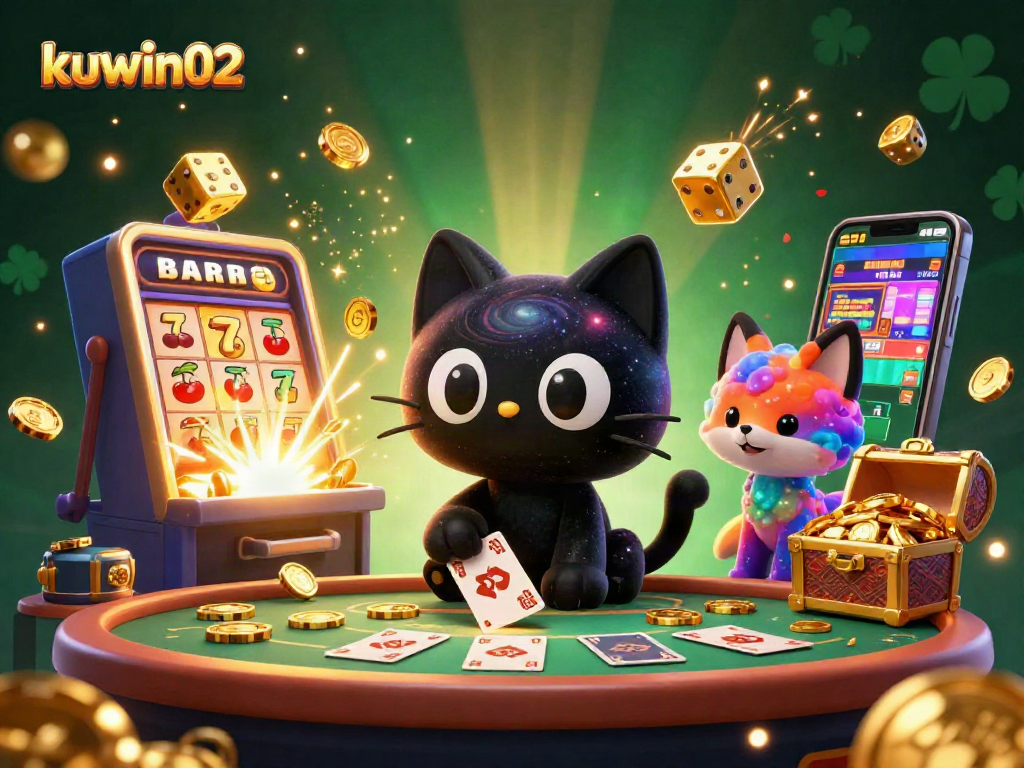 Engage in the vibrant casino atmosphere with kuwin02, featuring a cosmic cat and nebulous fox amid slot machine action.