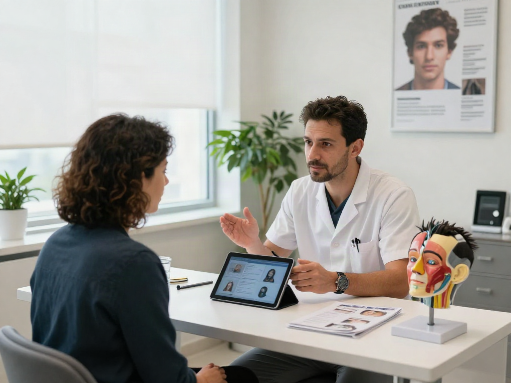 Hair transplant turkey cost consultation in a modern clinic setting with patient and surgeon discussing procedures.