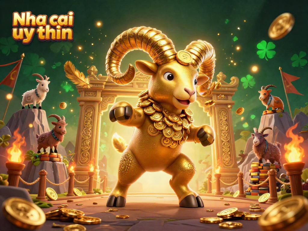 Nha cai uy tin showcases a colorful 3D casino scene with golden ram amidst vibrant betting elements.