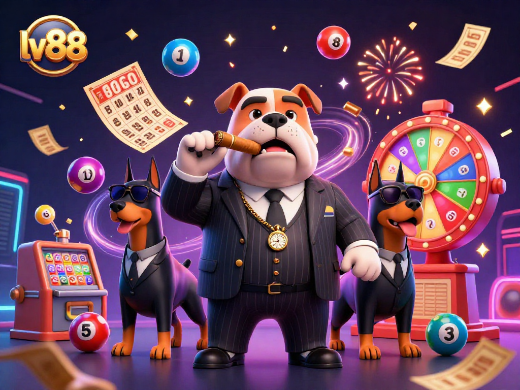 Experience thrilling gaming at lv88 with dynamic lottery balls and vibrant casino elements in a lively illustration.