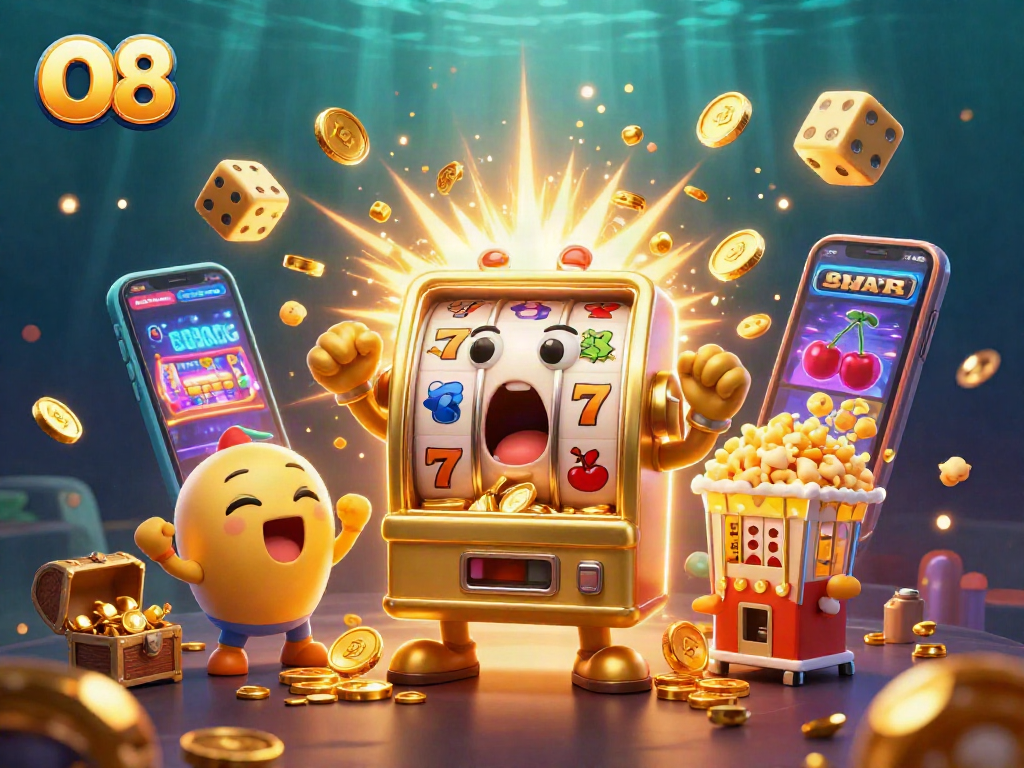 O8 slot machine celebrates a jackpot with coins flying amidst vibrant casino elements.