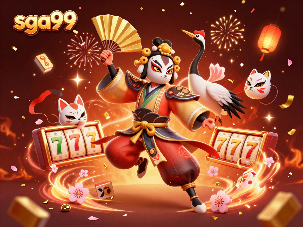 Experience thrilling gameplay at sga99 with vibrant visuals showcasing a kabuki warrior and casino elements.
