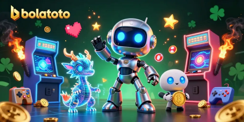 Experience bolatoto's thrilling digital casino adventure with a cyberpunk robot and AI companions.