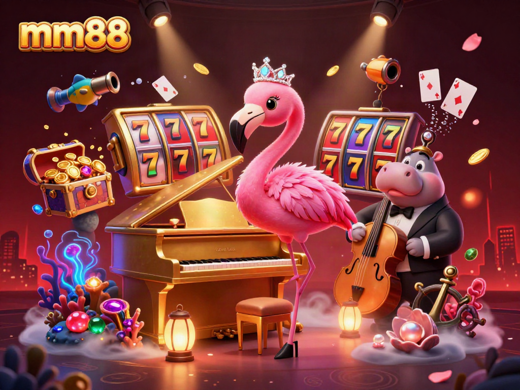 Engage in exciting slot games at mm88 with vibrant characters in a lively casino ambiance.