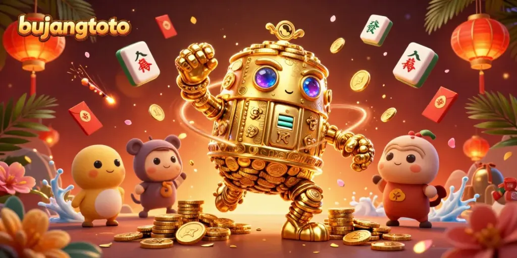 Experience the magic of bujangtoto with a golden golem surrounded by rich casino elements.