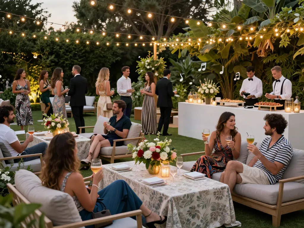 Event rentals creating a stunning cocktail reception with elegant furniture and beautiful lighting