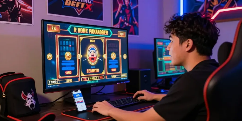 Player engaging with link alternatif proplay88 on a vibrant gaming setup, illustrating the online slot experience.