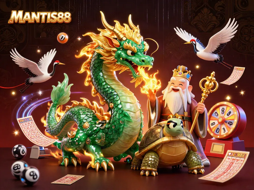 Engage with MANTIS88's enchanting lottery predictions in an ultra-detailed casino-themed illustration.