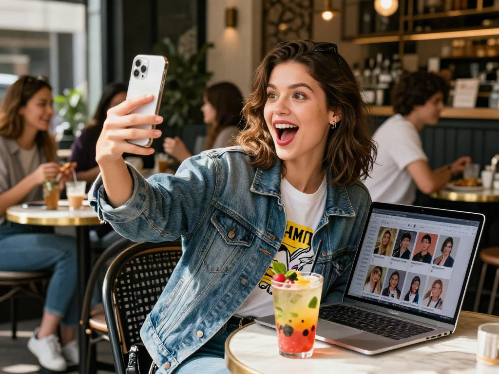 Young woman at café excitedly using a look like celebrities app on her smartphone.