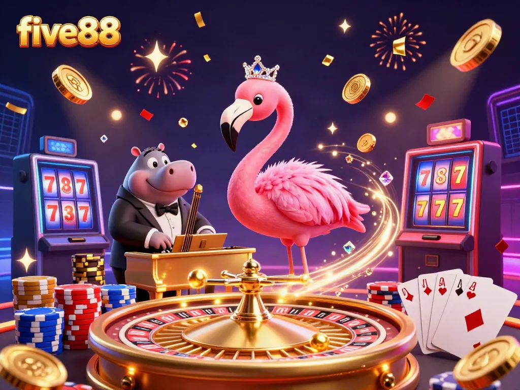 Experience the vibrant five88 casino atmosphere with singing flamingo and hippo bassist, filled with coins and gaming excitement.