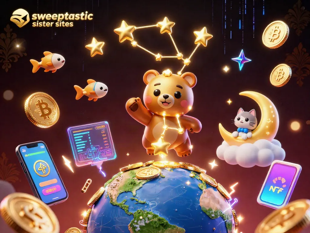 Sweeptastic sister sites explore dynamic gaming with stellar characters and crypto elements in a casino scene.