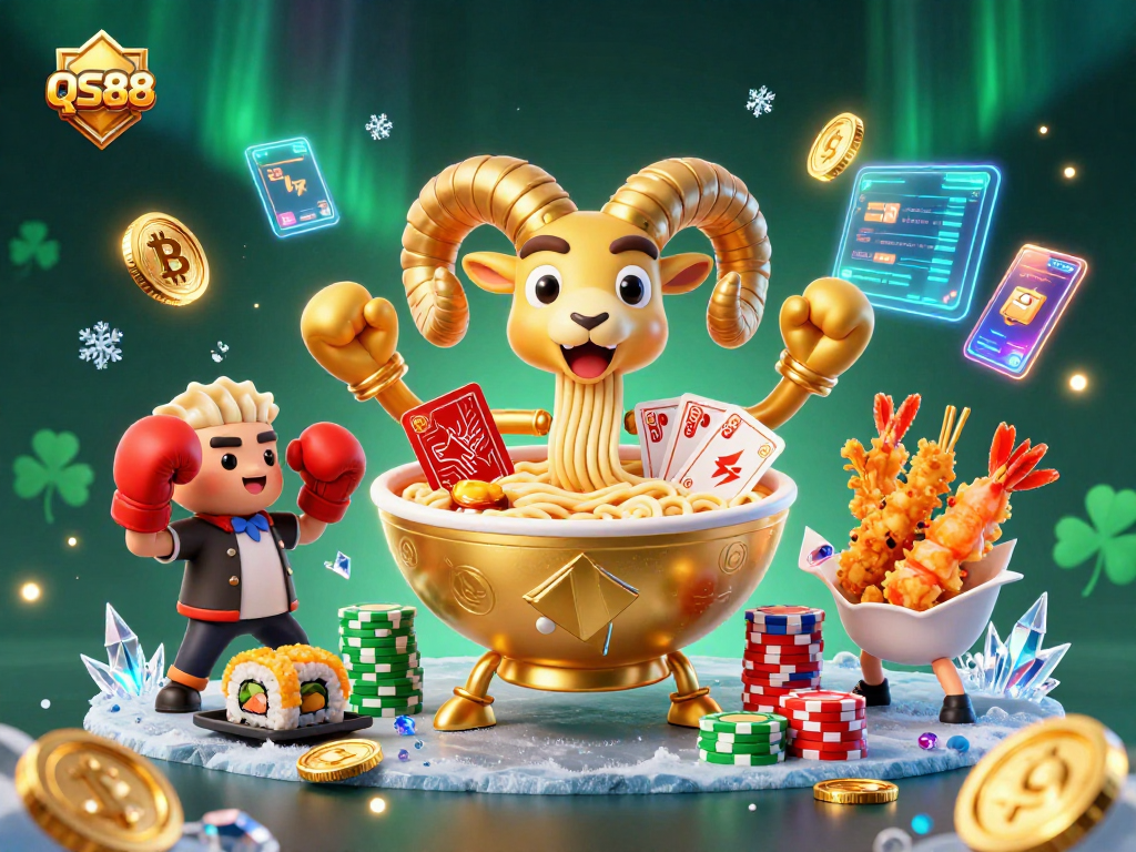 QS88 features a colorful 3D scene with a golden ramen bowl dealer, crypto coins, and lively cheerleaders