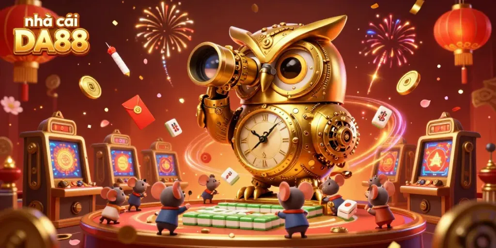 Experience the lively scene at nhà cái DA88 with animated mice playing among rich slot machines, illuminated by festive decor.