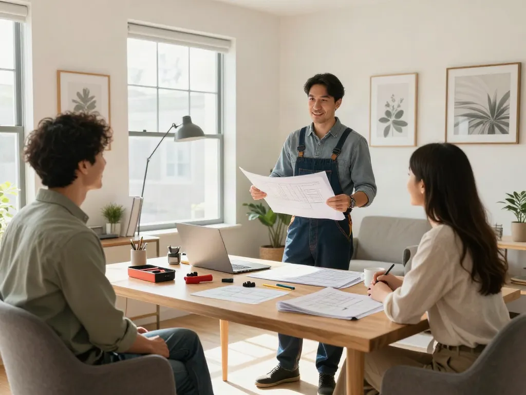 Professional contractor discussing a productive workspace renovation in a local home office, showcasing trusted licensed services.