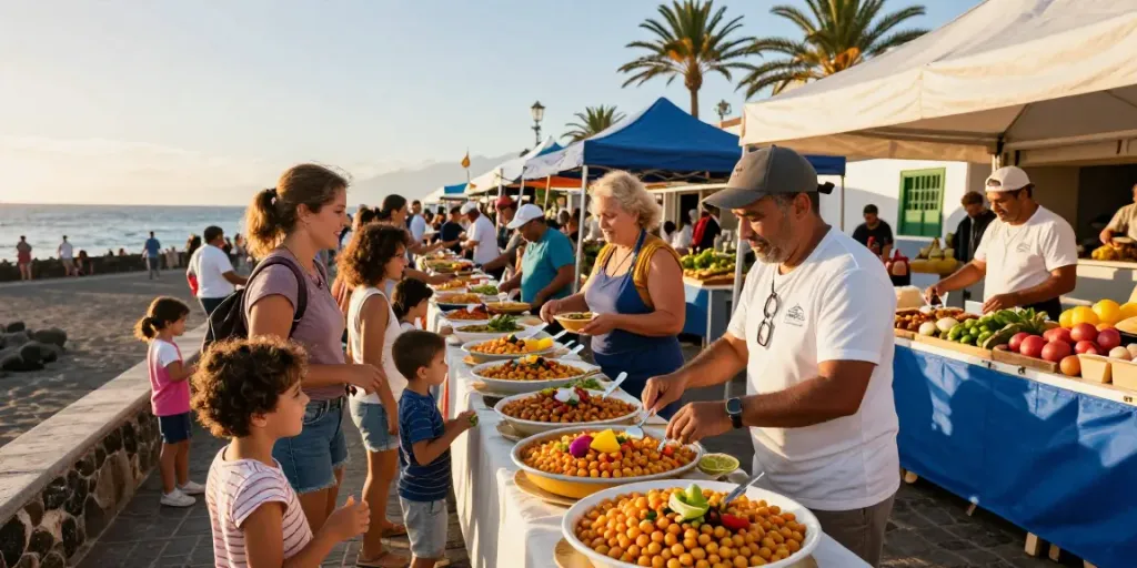 Canarian news highlighting a lively market scene with families enjoying chickpea dishes under the golden sunlight, showcasing local culture.