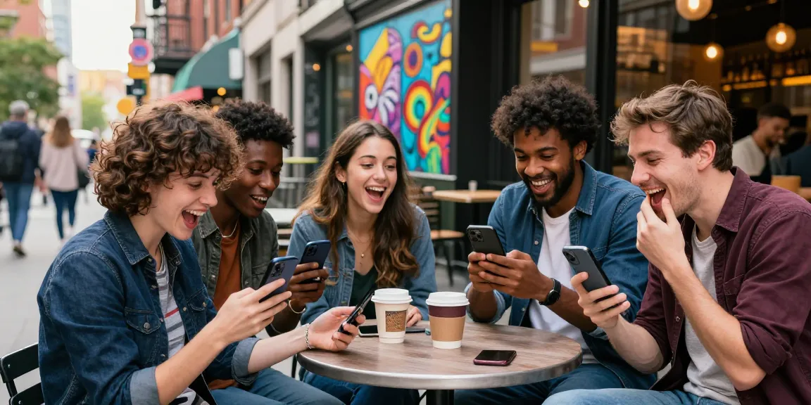 Group of friends testing how old do I look app outdoors with vibrant city backdrop