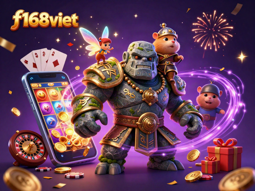 Experience the thrill of f168viet with a magical 3D casino adventure featuring a golem, fairy, and hamster knight.