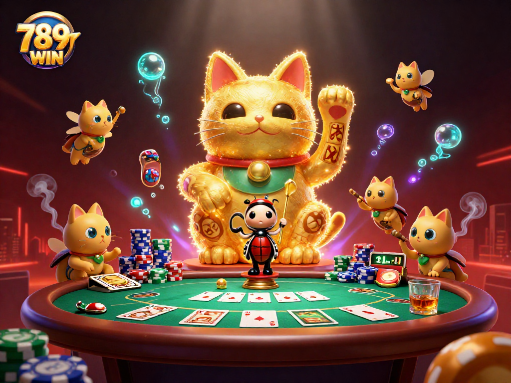 Engage with the thrilling world of 789WIN as golden fireflies shape a lucky cat amidst vibrant poker elements.