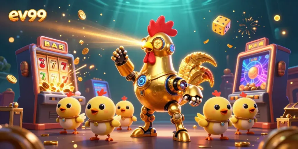 Experience the thrill with ev99's vibrant 3D casino scene featuring a golden rooster robot and golden rewards.