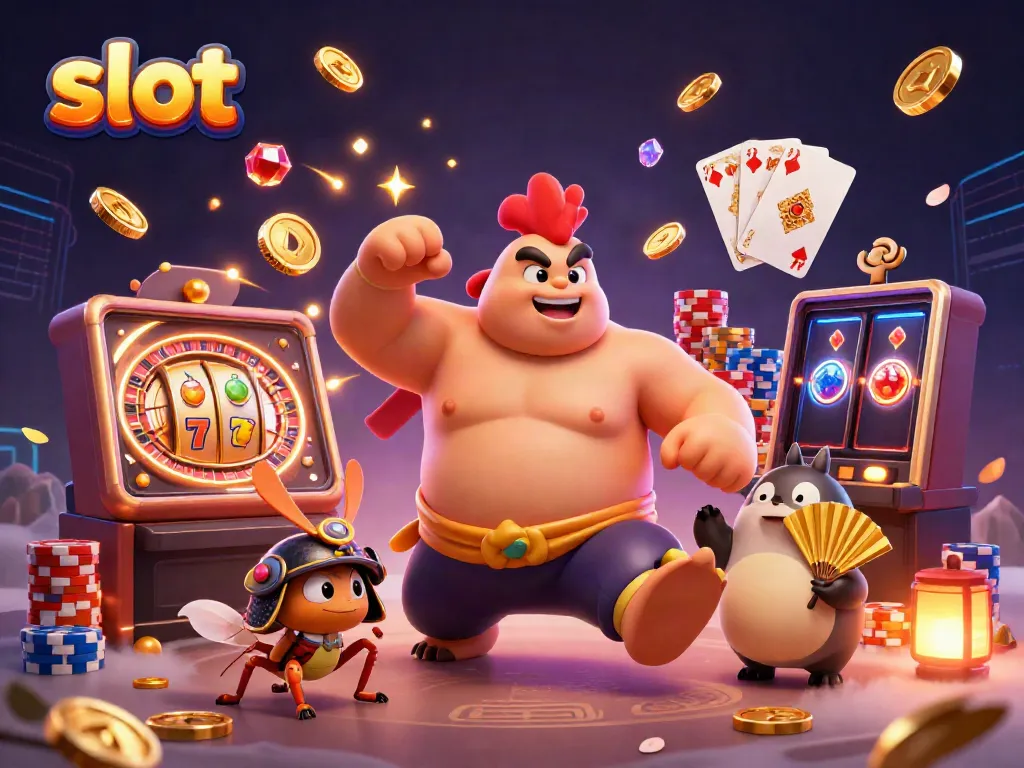 Witness a powerful slot gaming scene with a sumo wrestler rooster and a fierce cricket amidst golden coins and slot reels.