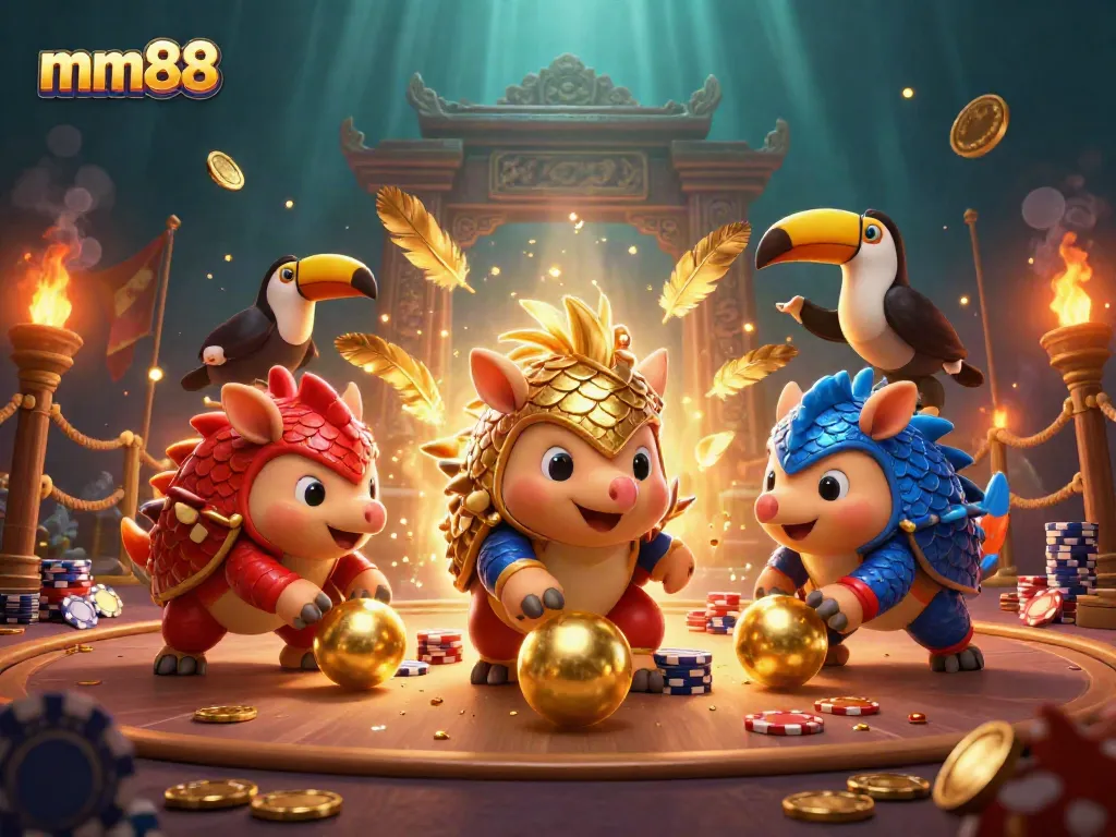 Engaging mm88 casino scene with rival pangolins playing in a vibrant gambling arena featuring poker chips and golden effects.