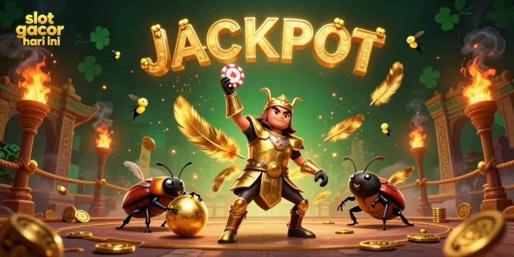 Engage with slot gacor hari ini featuring a victorious beetle lifting poker chips amidst golden elements and fireflies.