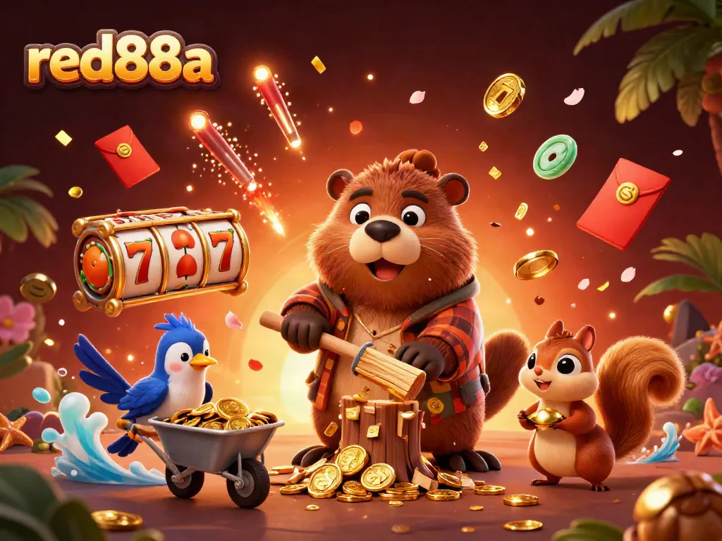 Experience red88a excitement as a cartoon beaver rains coins in a dynamic casino-themed setting.