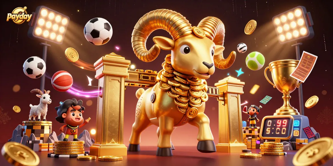 Engage with payday games featuring a dynamic scene of a golden ram and sports elements.