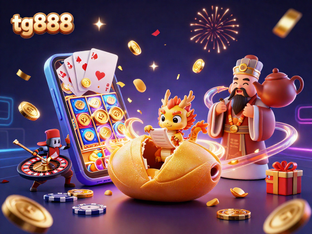 Play thrilling slots and enjoy wins at tg888 with a vibrant casino illustration featuring fortune cookies and gaming elements.