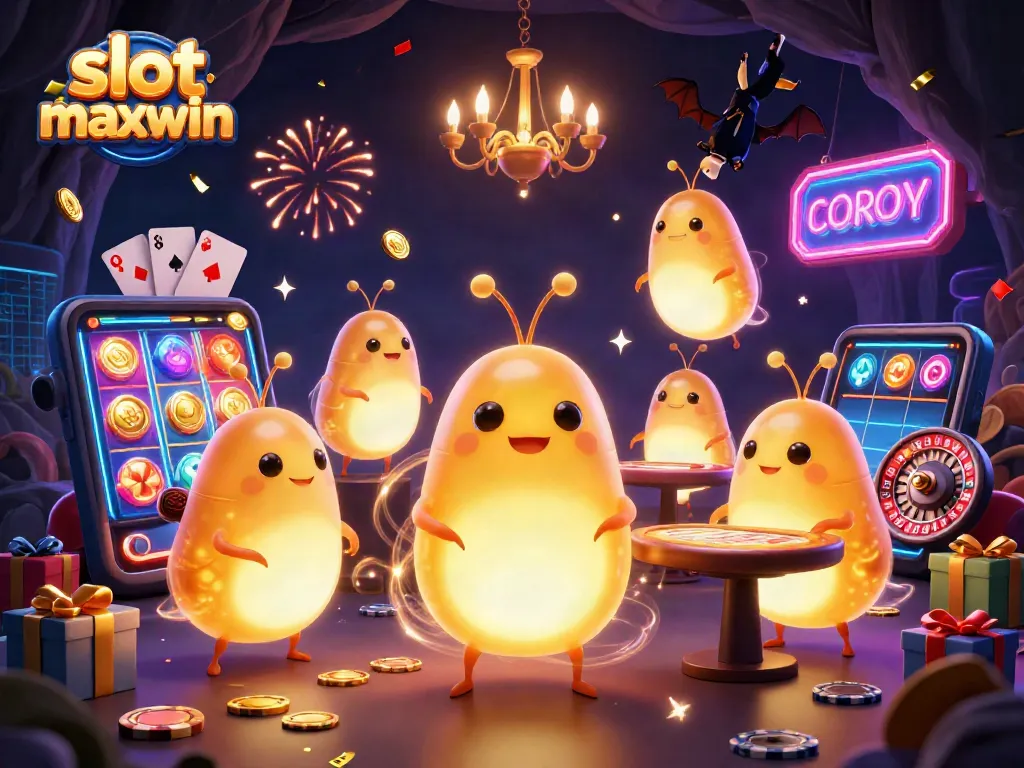 Experience slot maxwin excitement with glowworms in a vibrant cave casino scene.
