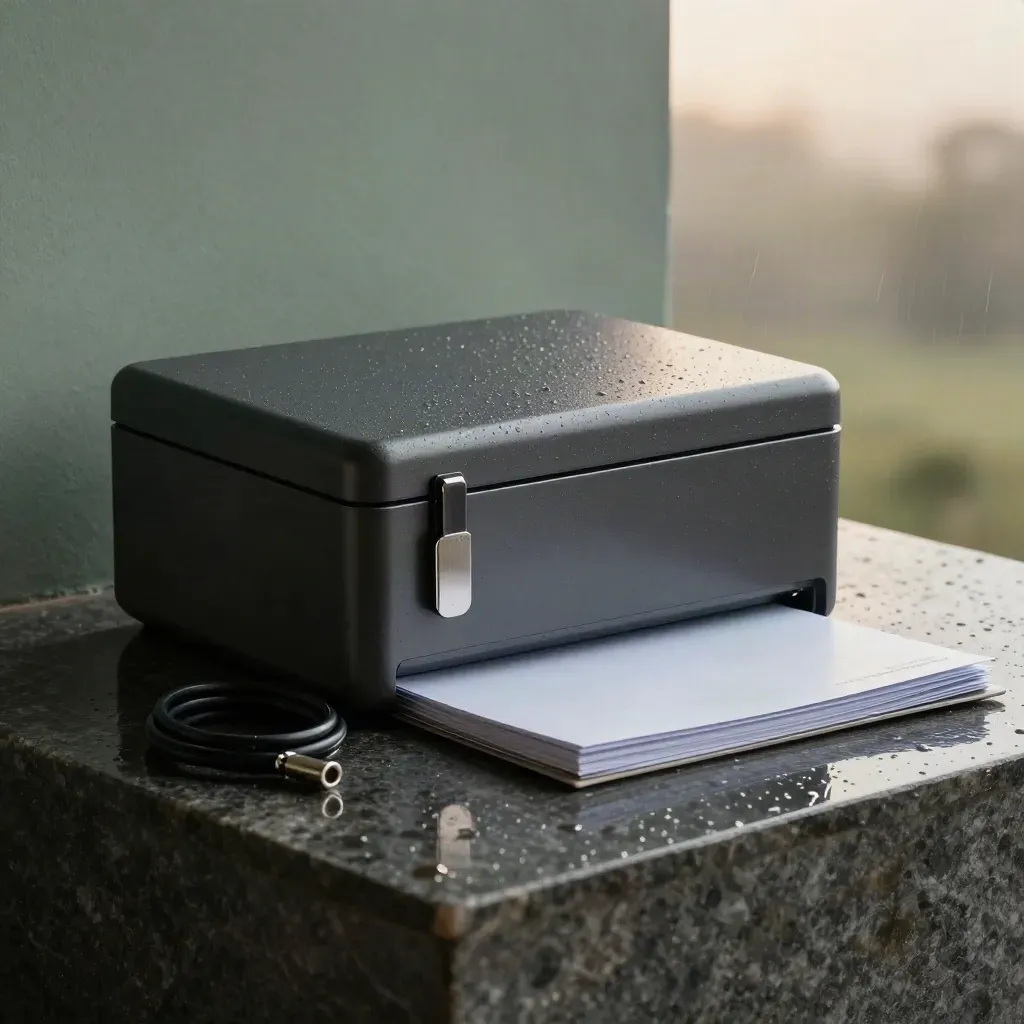 Charcoal cyber audit kit with token, cable and folder on wet stone in moody studio light