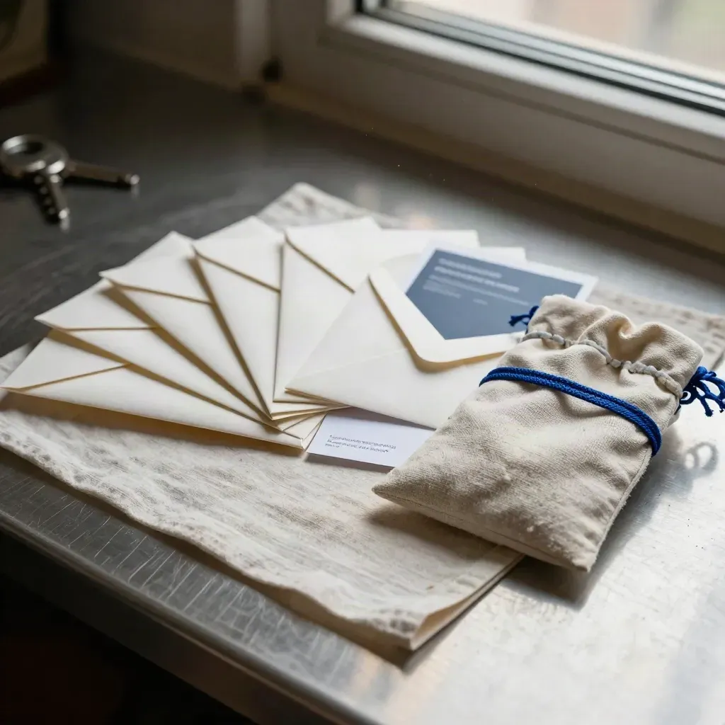 Phishing drill packets fanned open on pale linen with cobalt-blue detail in a dark studio.