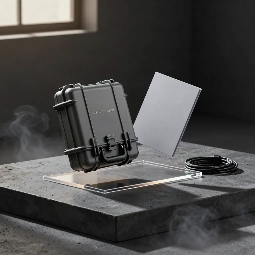 Floating cybersecurity audit kit with case, acrylic plinth and cable loop over charcoal concrete.