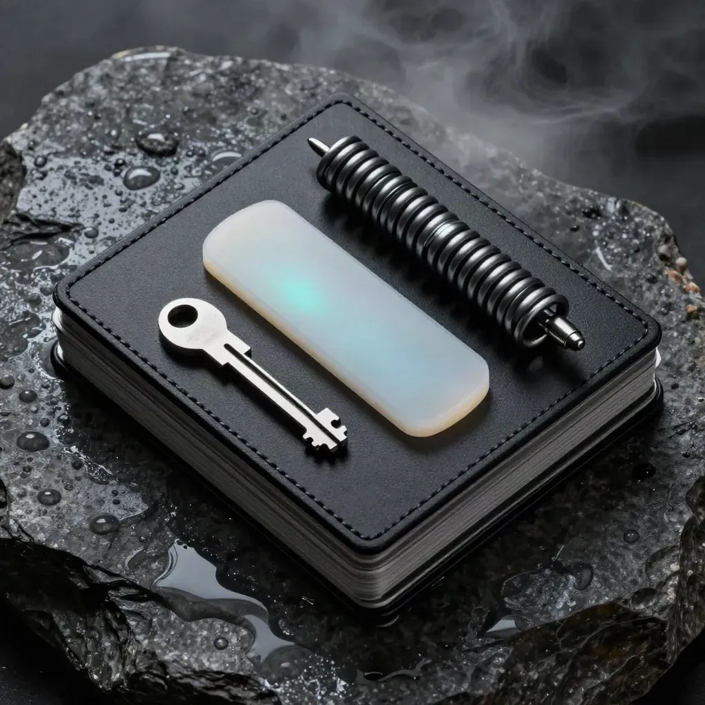 Wet basalt with a compact security-testing bundle, cable coil, ceramic chip and metal key piece.