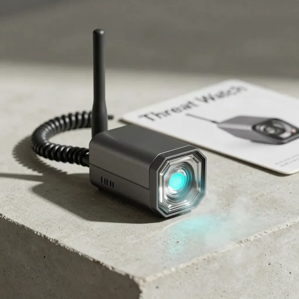Cybersecurity monitor module with antenna, cable coil and cyan beacon on concrete