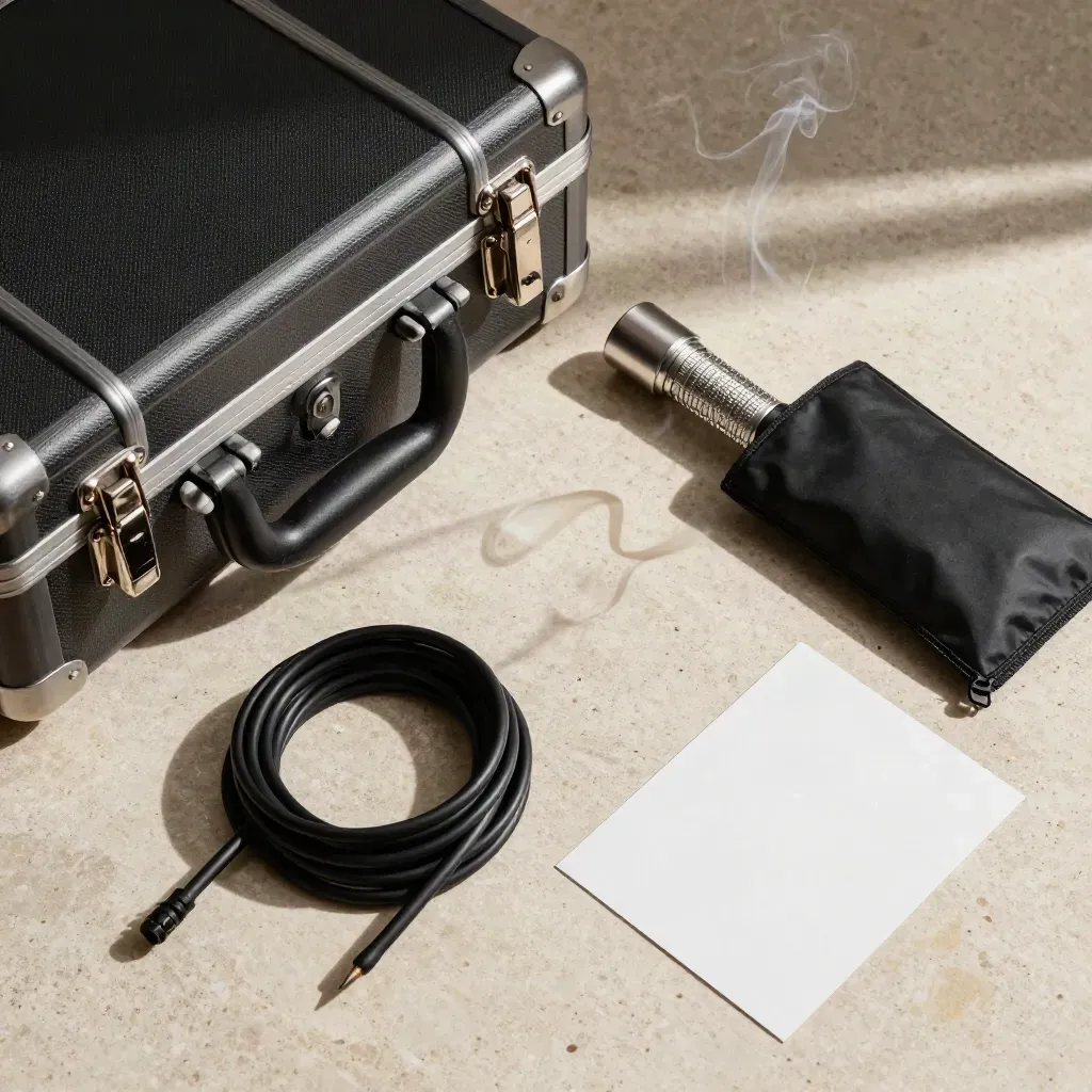 Overhead flatlay of an incident response hard case, torch, cable and sealed pouch on pale stone