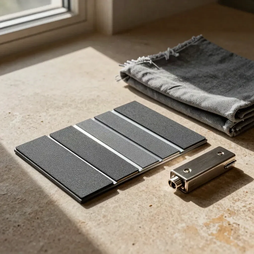 Remediation kit parts lined up on sanded stone under raking light, with dust motes and slate-gray cloth.