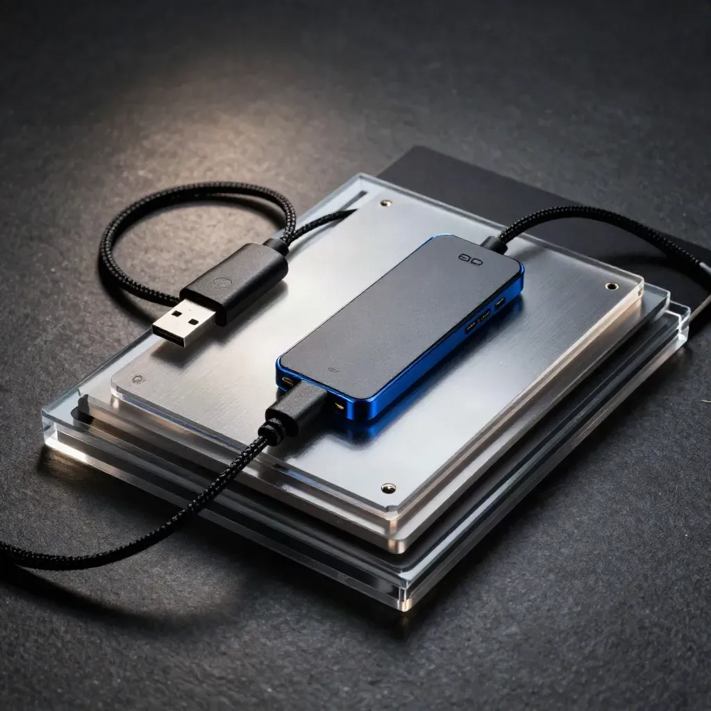 Top-down cyber kit with USB token, translucent panels, and cable loop on brushed metal.